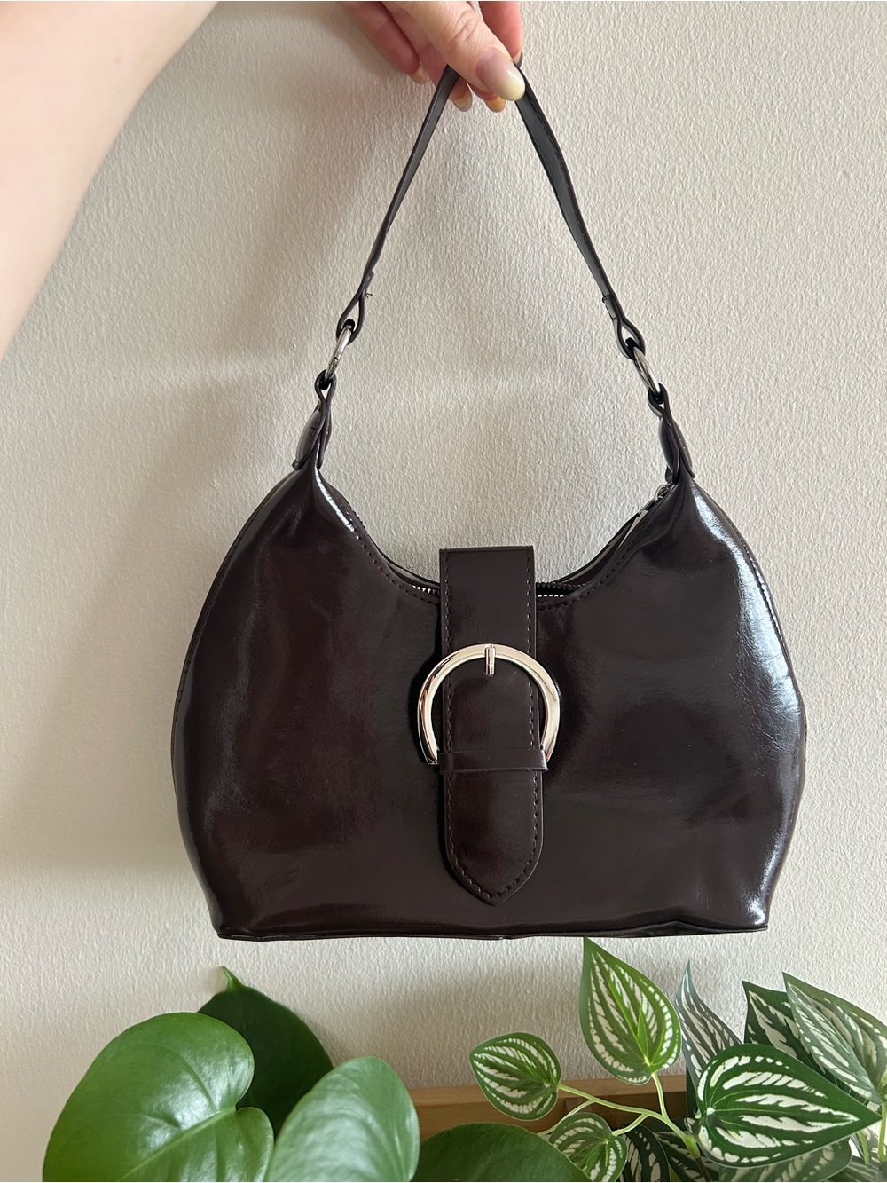 Classic Dark Brown Shoulder Bag with Silver Buckle